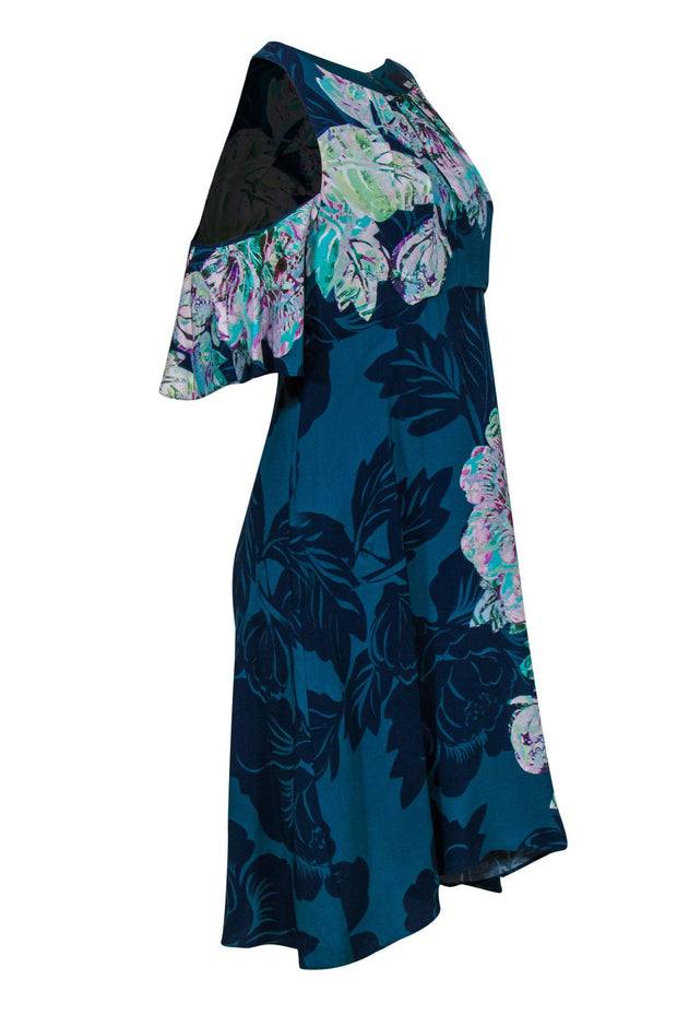 Current Boutique-Maeve - Teal Tropical Printed Cold-Shoulder Dress Sz 8