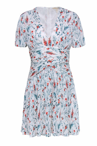 Current Boutique-Maje - White, Green & Orange Floral Print Dress w/ Accordion Pleats Sz L