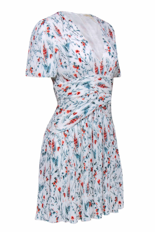 Current Boutique-Maje - White, Green & Orange Floral Print Dress w/ Accordion Pleats Sz L