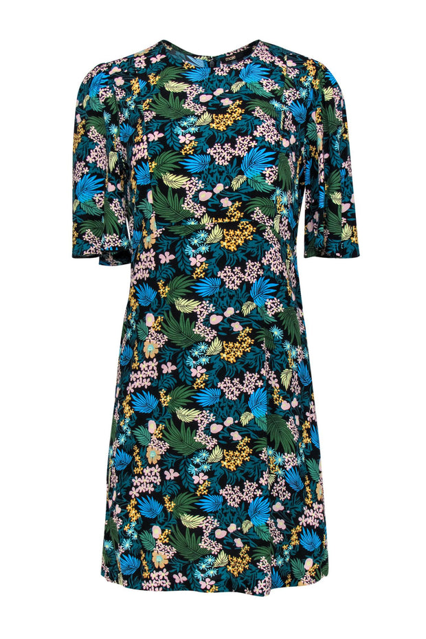 Current Boutique-Maje - Black Tropical Floral Print Flutter Sleeve Dress Sz 2