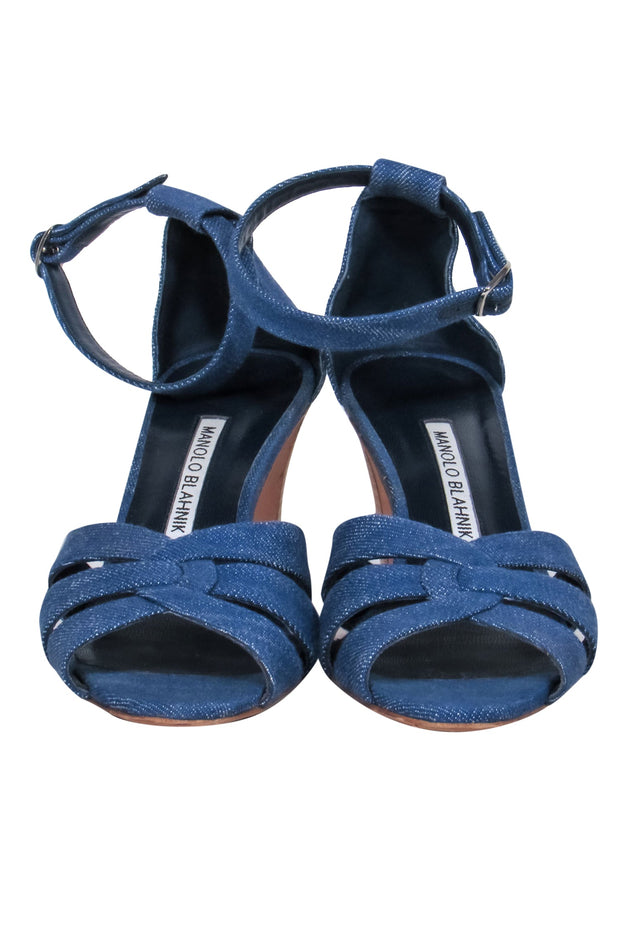 Current Boutique-Manolo Blahnik - Medium Wash Denim Strappy Pumps Sz 8