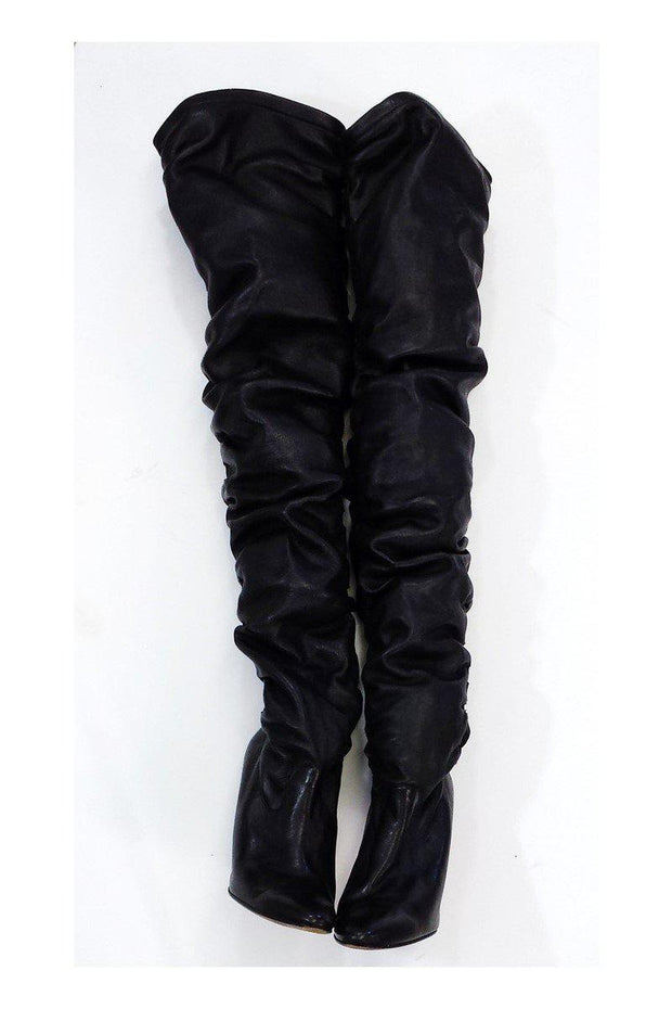 Current Boutique-Manolo Blahnik - Black Leather Gathered Knee High Boots Sz 5.5