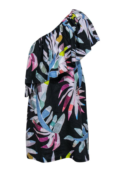 Current Boutique-Mara Hoffman - Black & Multicolor Leaf Print One-Shoulder Dress w/ Flounce Top Sz 12