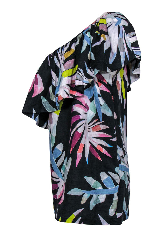 Current Boutique-Mara Hoffman - Black & Multicolor Leaf Print One-Shoulder Dress w/ Flounce Top Sz 12