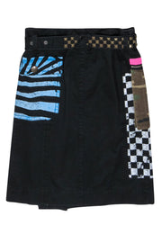 Current Boutique-Marc Jacobs - Black Patchwork Belted Faux Wrap Midi Skirt Sz 8