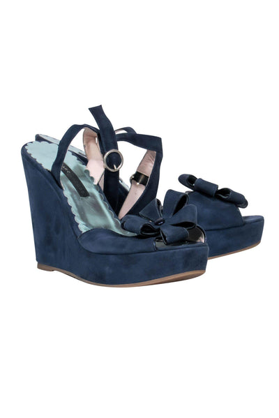 Current Boutique-Marc Jacobs - Navy Suede Platform Wedges w/ Flowers Sz 6.5