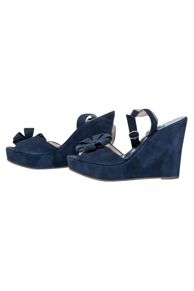 Current Boutique-Marc Jacobs - Navy Suede Platform Wedges w/ Flowers Sz 6.5