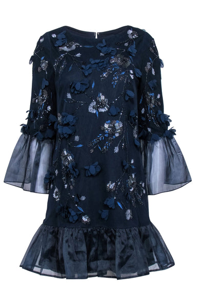 Current Boutique-Marchesa Notte - Navy Beaded Long Sleeve Dress w/ Applique Sz 4