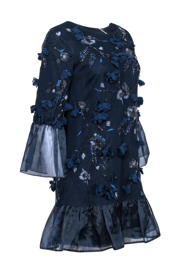 Current Boutique-Marchesa Notte - Navy Beaded Long Sleeve Dress w/ Applique Sz 4