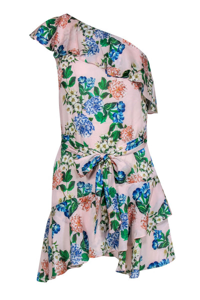 Current Boutique-Marissa Webb - Baby Pink Floral One Shoulder Ruffled Silk Blend Dress Sz XS