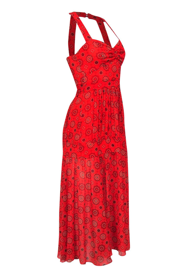Current Boutique-Marissa Webb - Red Bohemian Print Tiered Maxi Dress w/ Back Cutout Sz XS