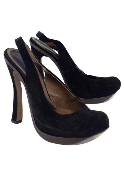 Current Boutique-Marni - Black Suede Platform Slingback Pumps Sz 11