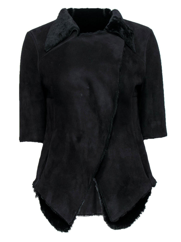 Current Boutique-Marni - Black Open Short Sleeve Suede Jacket w/ Fur Lining Sz 4