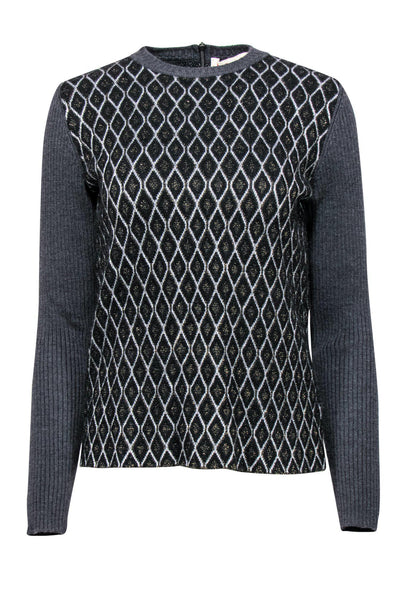 Current Boutique-Marni - Grey, Black & White Triangle Print Sweater w/ Gold Details Sz S