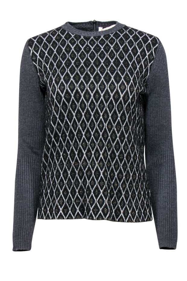 Current Boutique-Marni - Grey, Black & White Triangle Print Sweater w/ Gold Details Sz S
