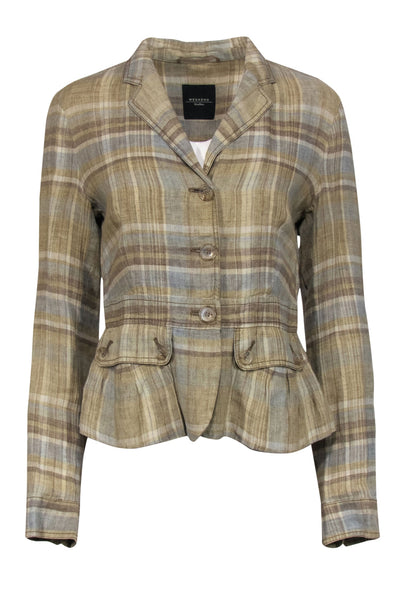 Current Boutique-Weekend Max Mara - Beige, Brown & Light Blue Plaid Linen Blazer Sz 8