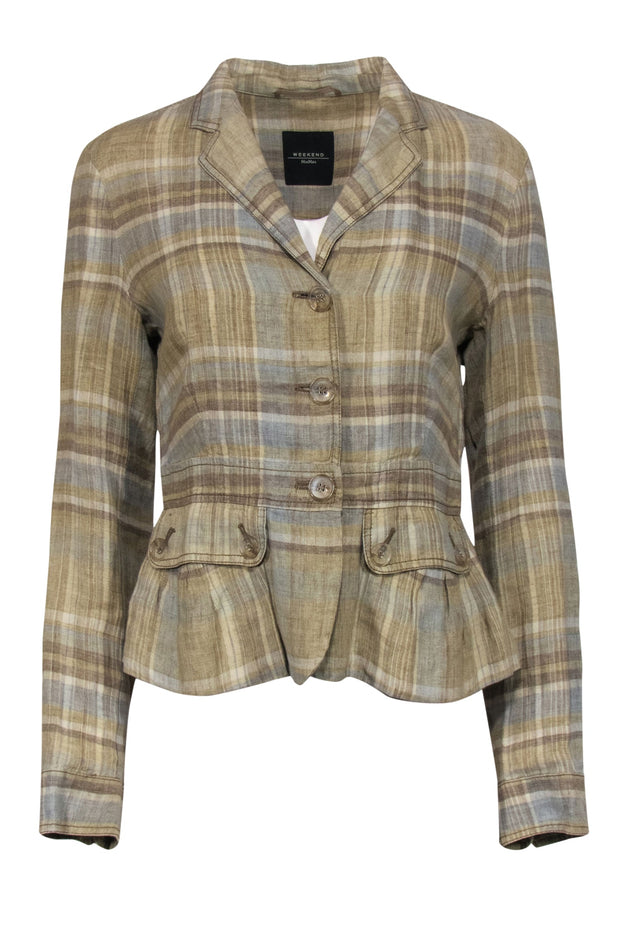Current Boutique-Weekend Max Mara - Beige, Brown & Light Blue Plaid Linen Blazer Sz 8