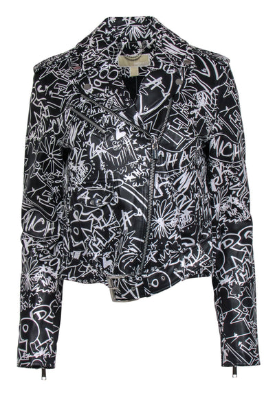 Current Boutique-Michael Kors - Black & White Graffiti Leather Moto Jacket Sz M