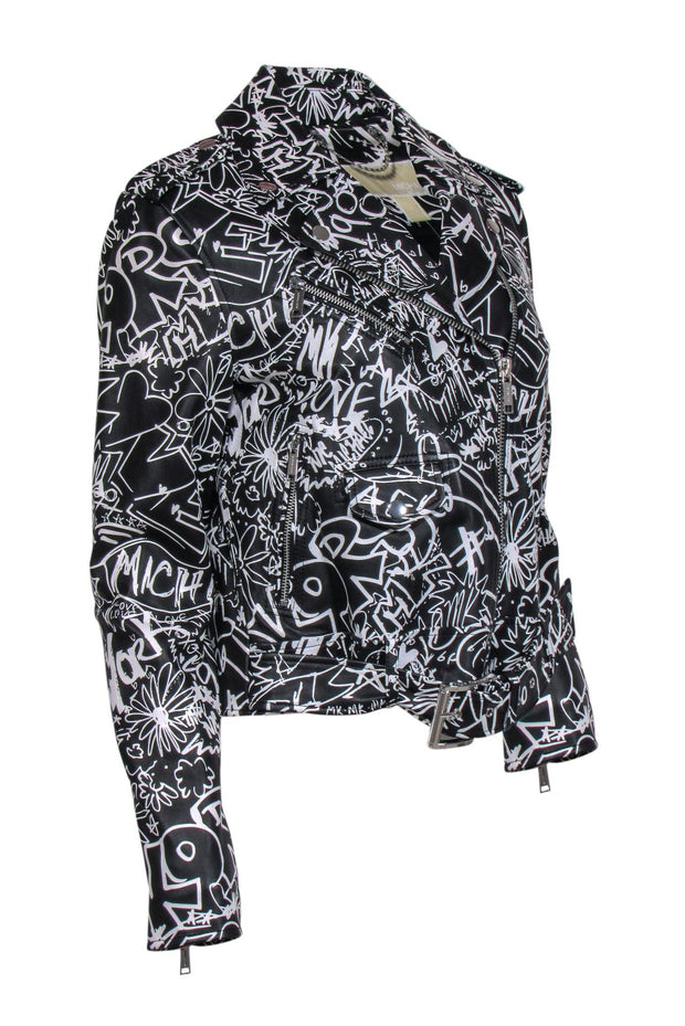 Current Boutique-Michael Kors - Black & White Graffiti Leather Moto Jacket Sz M