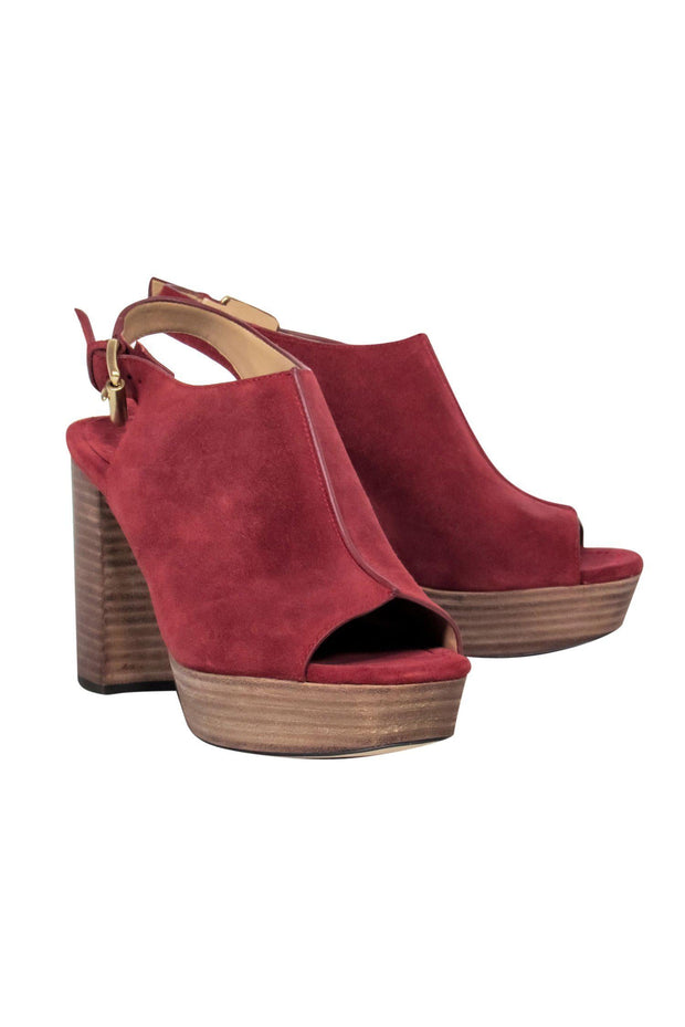 Current Boutique-Michael Michael Kors - Oxblood Suede Open-Toe Block Heeled Slingbacks Sz 8.5