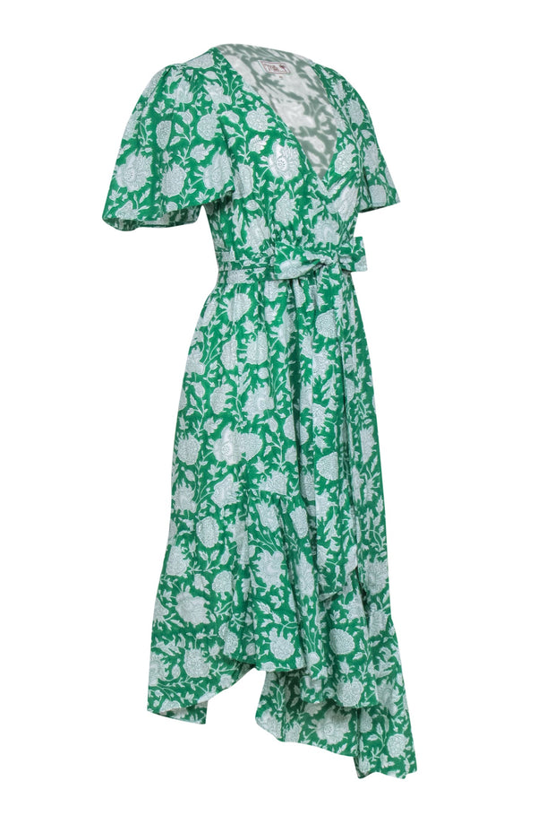 Current Boutique-Mille - Kelly Green Floral Print Cotton Wrap Maxi "Helena" Dress Sz XS