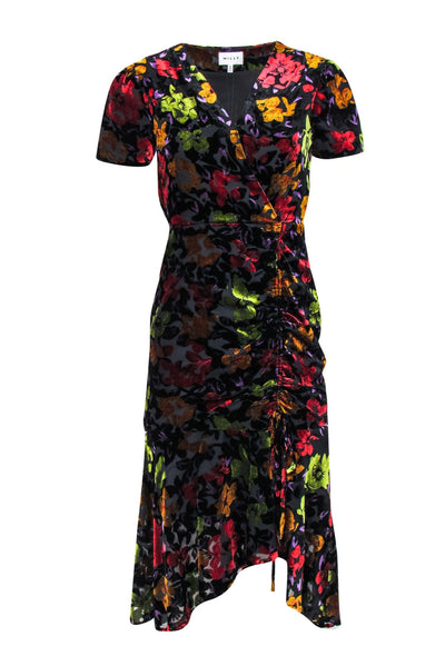 Current Boutique-Milly - Multicolor Velvet Floral Short Sleeve Bodycon Dress w/ Ruching Sz 0