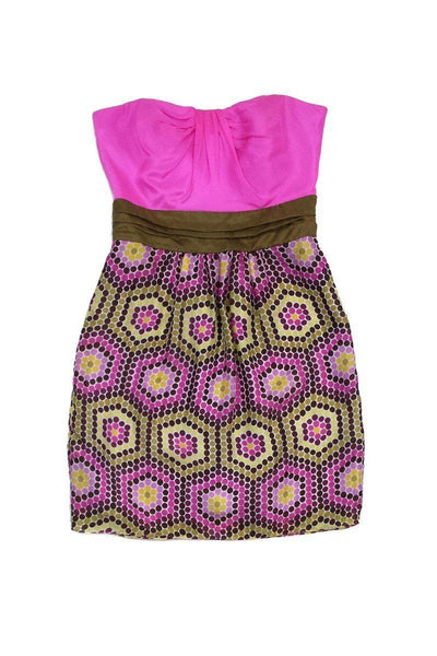 Current Boutique-Milly - Pink & Olive Print Silk Strapless Dress Sz 2