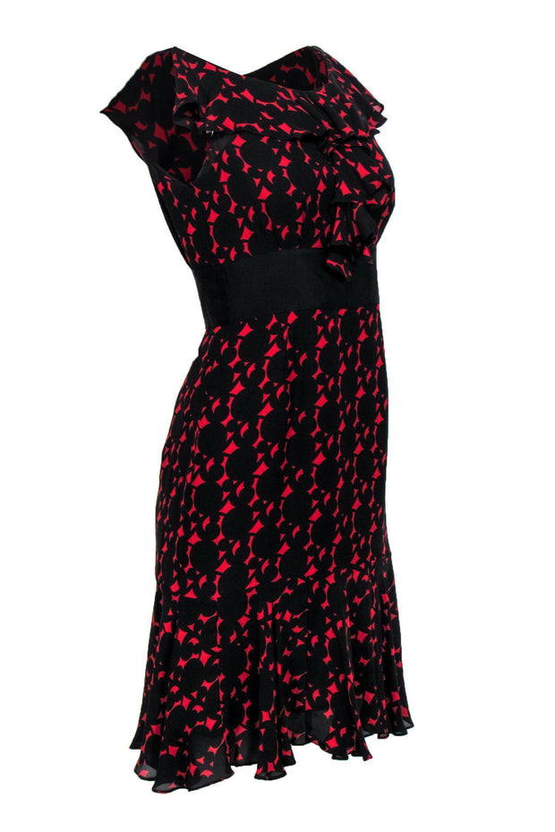 Current Boutique-Milly - Black & Red Pattern Ruffle Sleeveless A-Line Dress Sz 4