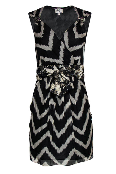 Current Boutique-Milly - Black & Beige Chevron Print Silk Sheath Dress w/ Gold Shimmer Trim Sz S