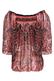 Current Boutique-Milly - Red, Beige & Black Paisley Print Silk Blouse Sz 0