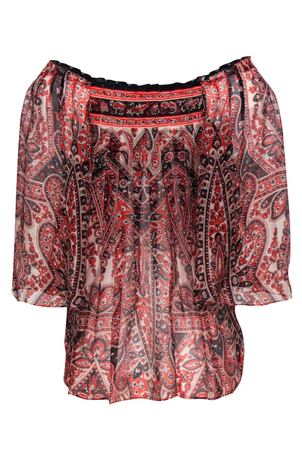 Current Boutique-Milly - Red, Beige & Black Paisley Print Silk Blouse Sz 0