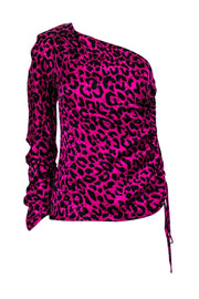 Current Boutique-Milly - Magenta & Black Leopard Print One-Shoulder Ruched Silk “Ciara” Blouse Sz 4