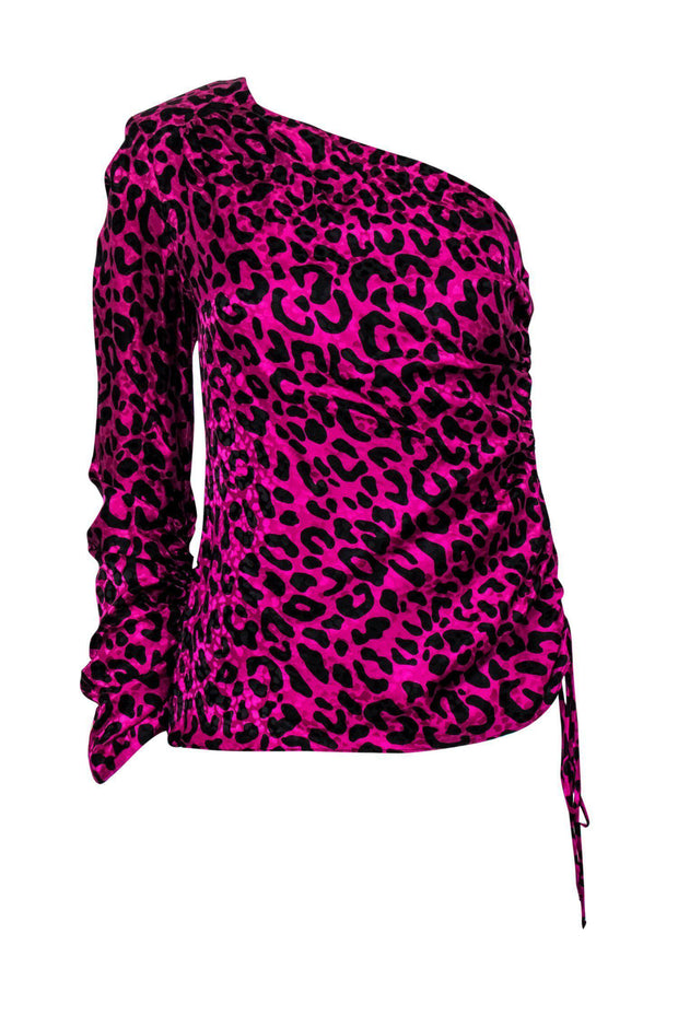 Current Boutique-Milly - Magenta & Black Leopard Print One-Shoulder Ruched Silk “Ciara” Blouse Sz 4