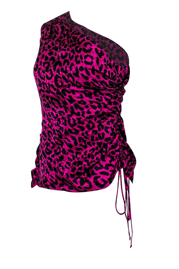 Current Boutique-Milly - Magenta & Black Leopard Print One-Shoulder Ruched Silk “Ciara” Blouse Sz 4