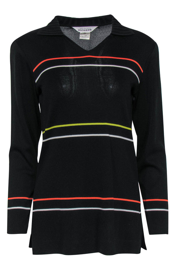 Current Boutique-Misook - Black Striped Ribbed Collared Tunic Sz XS