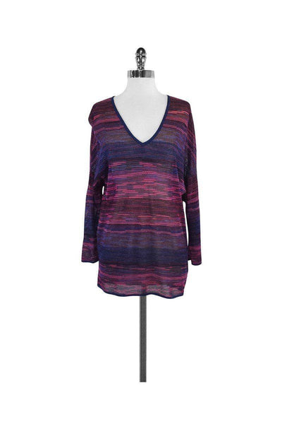 Current Boutique-M Missoni - Fuchsia & Blue Metallic Knit Striped Shirt Sz M