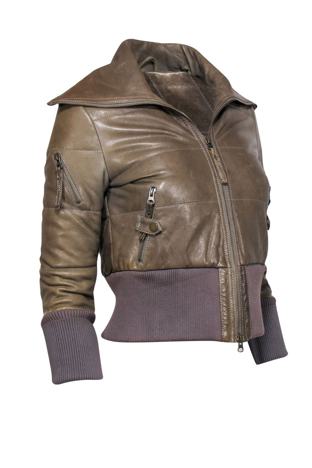 Current Boutique-Modern Vintage - Olive Lamb Leather Puff Bomber Jacket Sz XS