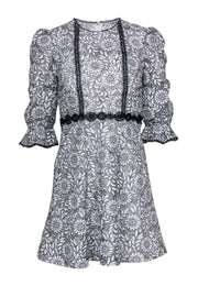 Current Boutique-Monique Lhuillier - White Floral Lace Puff Sleeve Fit & Flare Dress w/ Black Trim Sz 0P