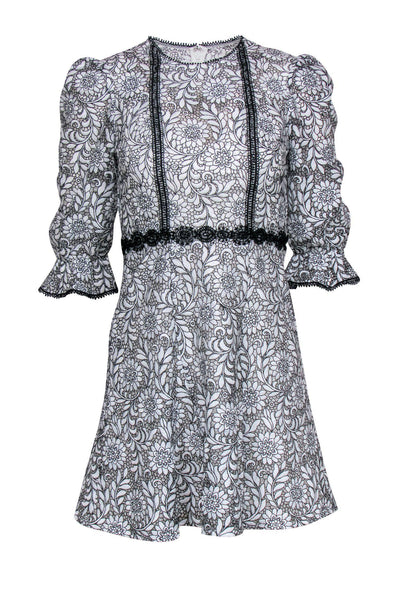 Current Boutique-Monique Lhuillier - White Floral Lace Puff Sleeve Fit & Flare Dress w/ Black Trim Sz 0P