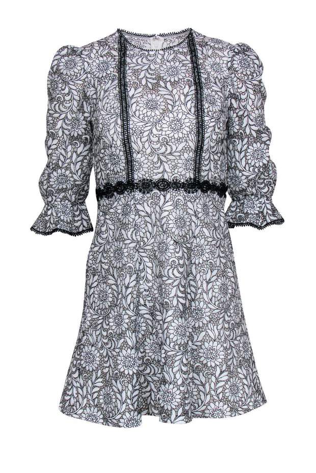 Current Boutique-Monique Lhuillier - White Floral Lace Puff Sleeve Fit & Flare Dress w/ Black Trim Sz 0P