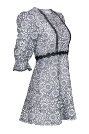 Current Boutique-Monique Lhuillier - White Floral Lace Puff Sleeve Fit & Flare Dress w/ Black Trim Sz 0P
