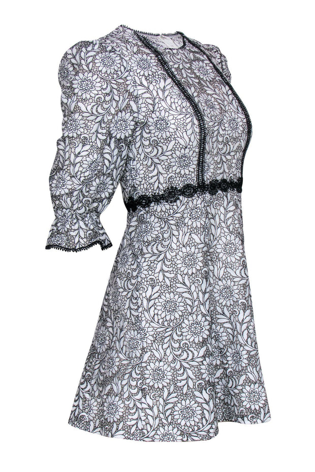 Current Boutique-Monique Lhuillier - White Floral Lace Puff Sleeve Fit & Flare Dress w/ Black Trim Sz 0P