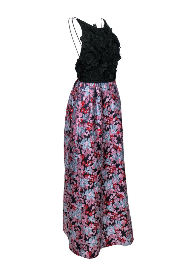 Current Boutique-ML Monique Lhuillier - Black & Multicolored Floral Print Textured Gown w/ Appliques Sz 10