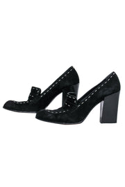 Current Boutique-Moschino - Black Suede Loafer-Style Heels w/ White Stitching Sz 8
