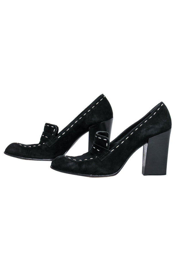 Current Boutique-Moschino - Black Suede Loafer-Style Heels w/ White Stitching Sz 8