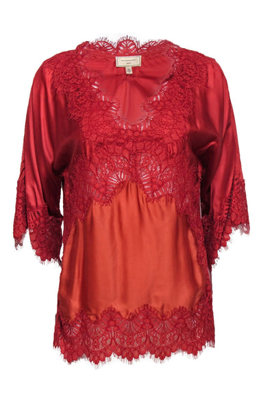 Current Boutique-Moulinette Soeurs - Orange Satin Blouse w/ Lace Detailing Sz M