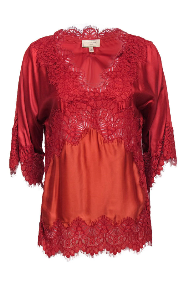Current Boutique-Moulinette Soeurs - Orange Satin Blouse w/ Lace Detailing Sz M