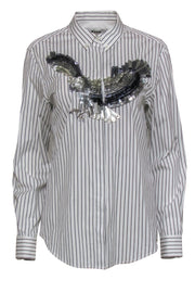 Current Boutique-MSGM - White Pinstriped Cotton Blouse w/ Sequined Eagle Sz 6