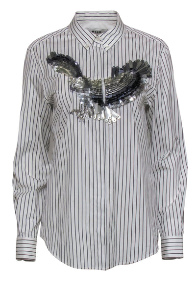 Current Boutique-MSGM - White Pinstriped Cotton Blouse w/ Sequined Eagle Sz 6