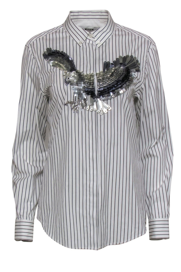 Current Boutique-MSGM - White Pinstriped Cotton Blouse w/ Sequined Eagle Sz 6